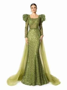 Olive Green Sequin Long-Sleeve Evening Gown with Sheer Tulle Cape